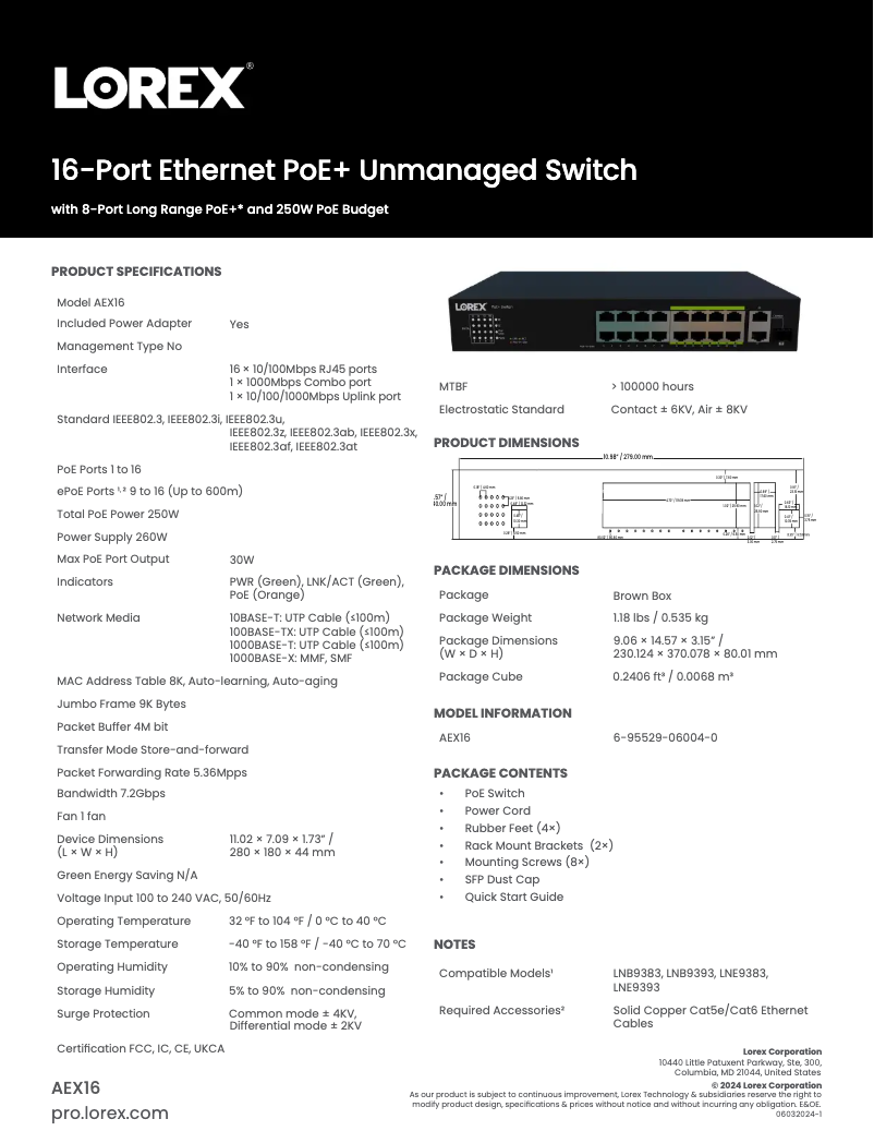 Page 1 of the manual Technical Sheet Lorex AEX16