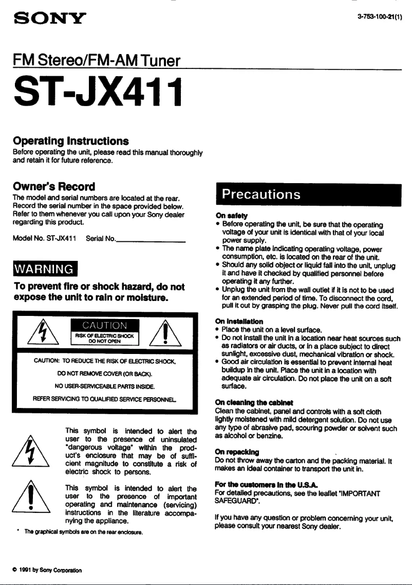 Page 1 of the manual User Manual Sony ST-JX411