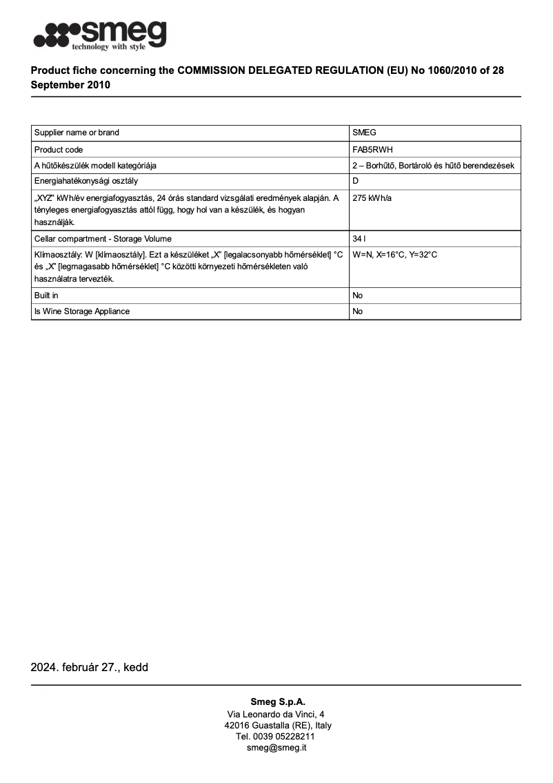 Page 1 of the manual Technical Sheet Smeg FAB5RWH