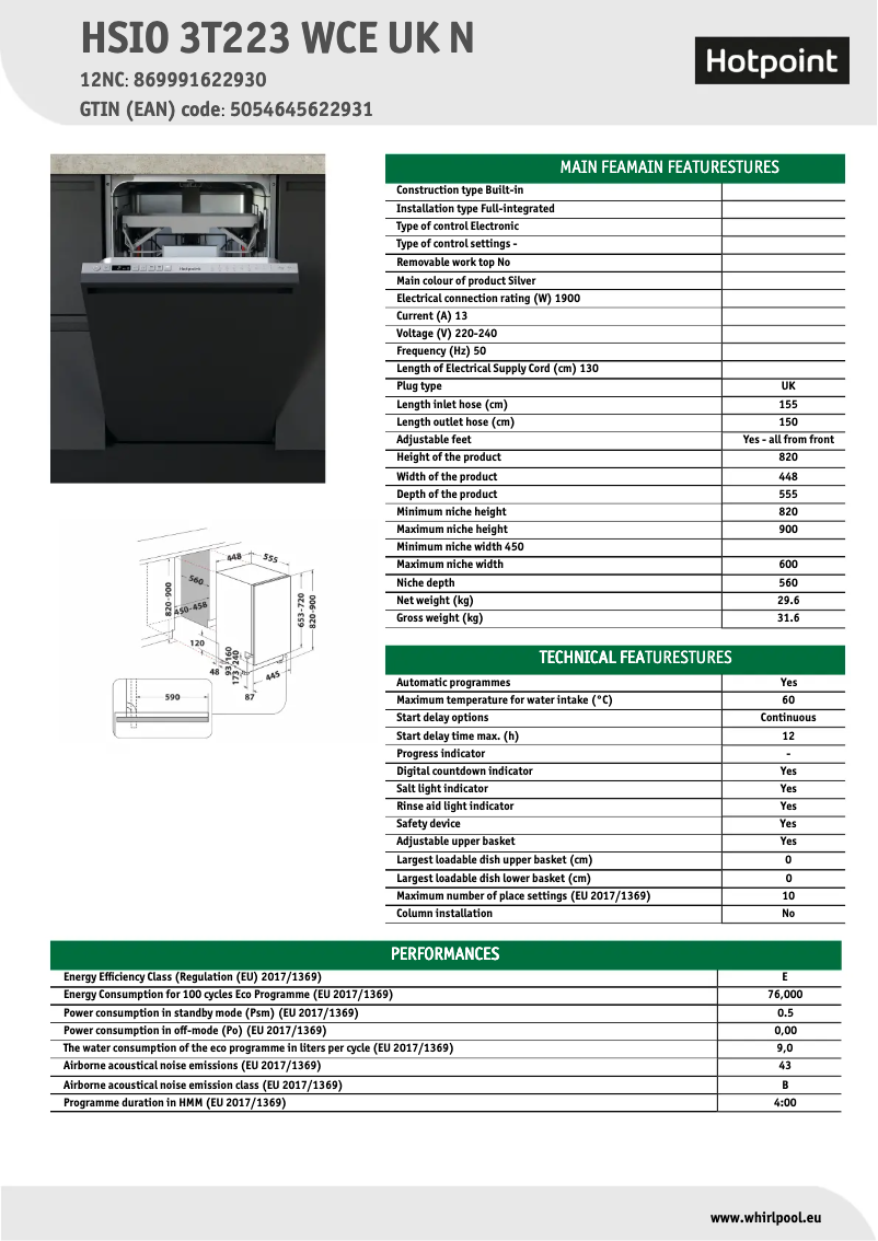 Page 1 of the manual Technical Sheet Hotpoint HSIO 3T223 WCE UK N