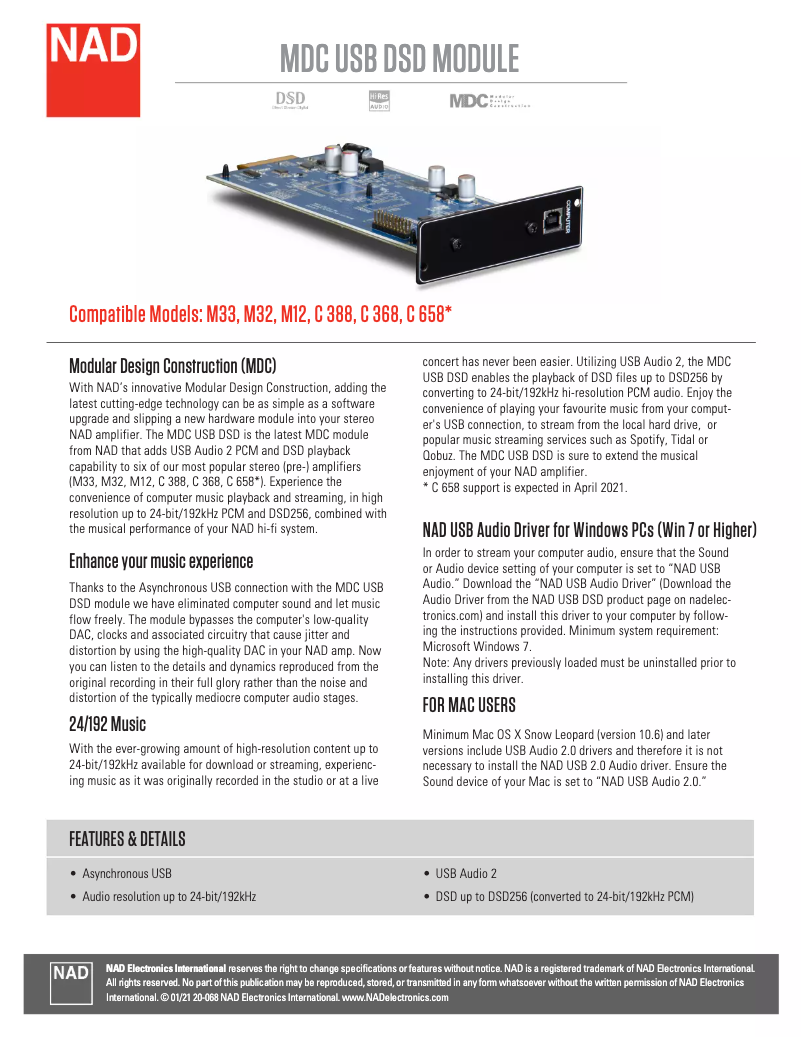 First page image of the manual for MDC USB DSD