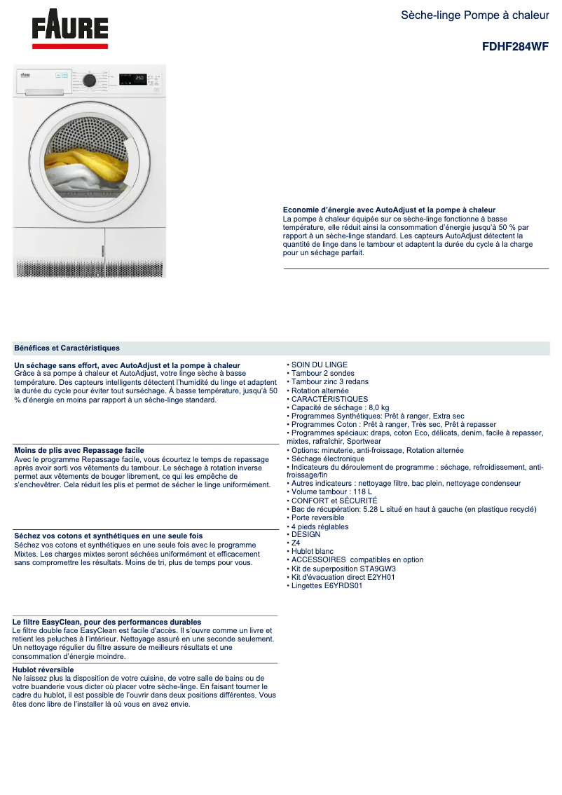 Page 1 of the manual Technical Sheet Faure FDHF284WF