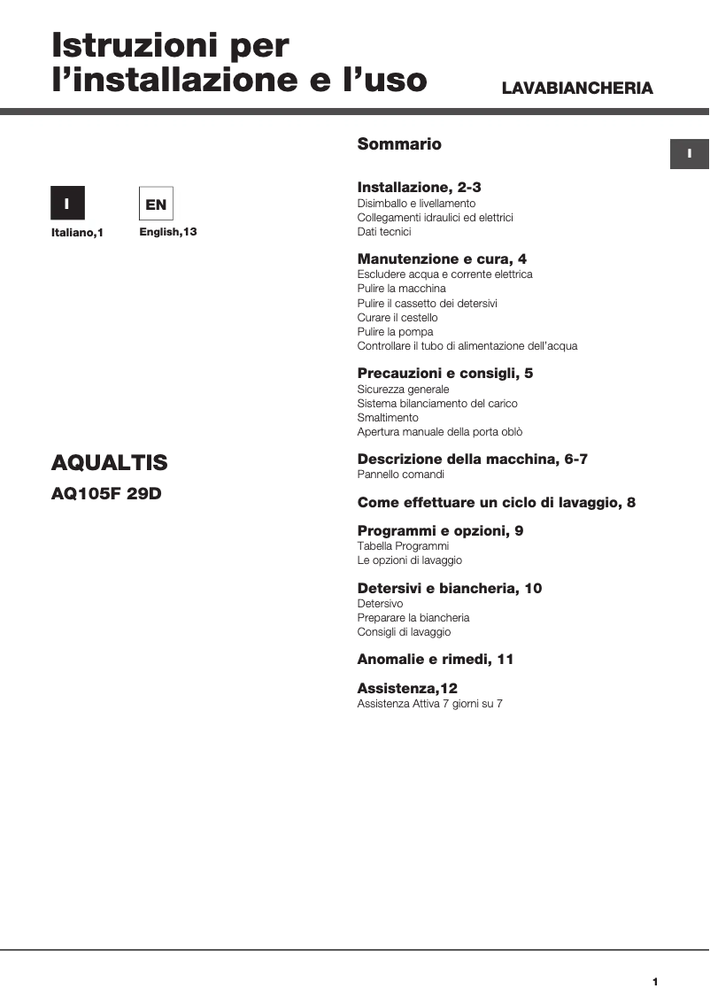 First page image of the manual for Aqualtis AQ105F 29D IT