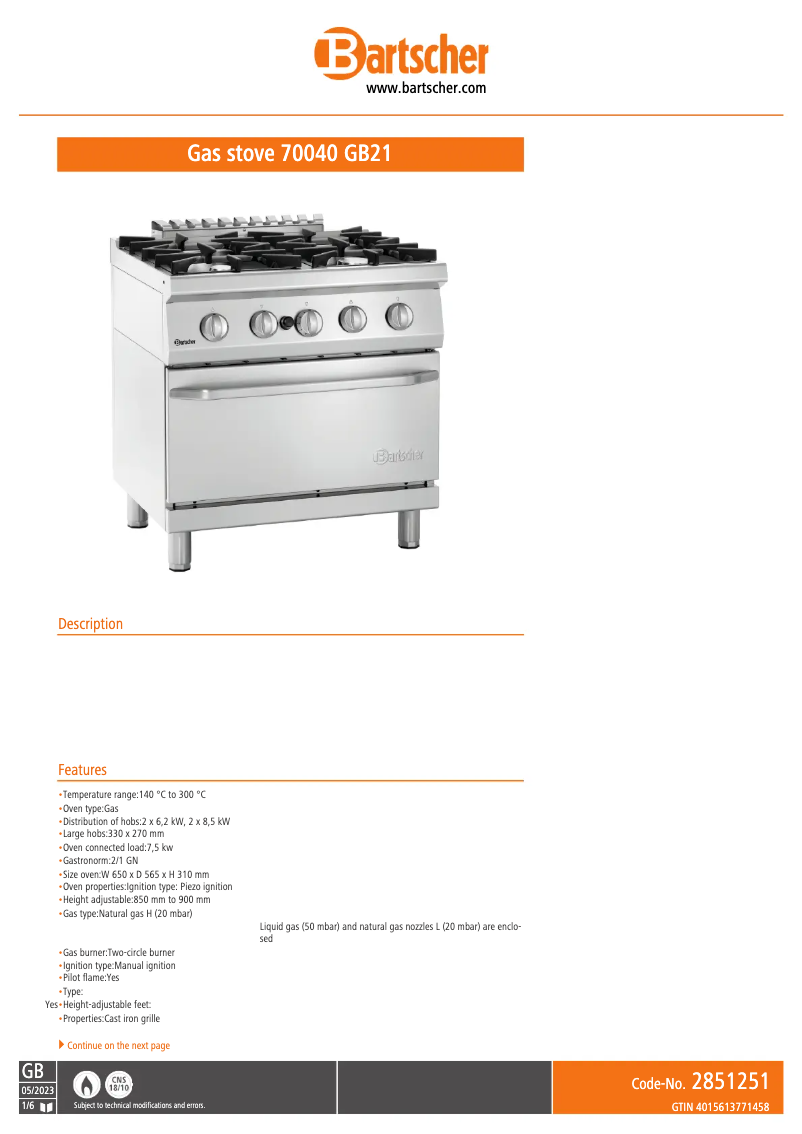 Page 1 of the manual Technical Sheet Bartscher 2851251