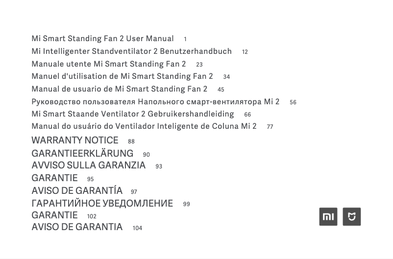 Page 1 of the manual User Manual Xiaomi Mi Smart Standing Fan 2