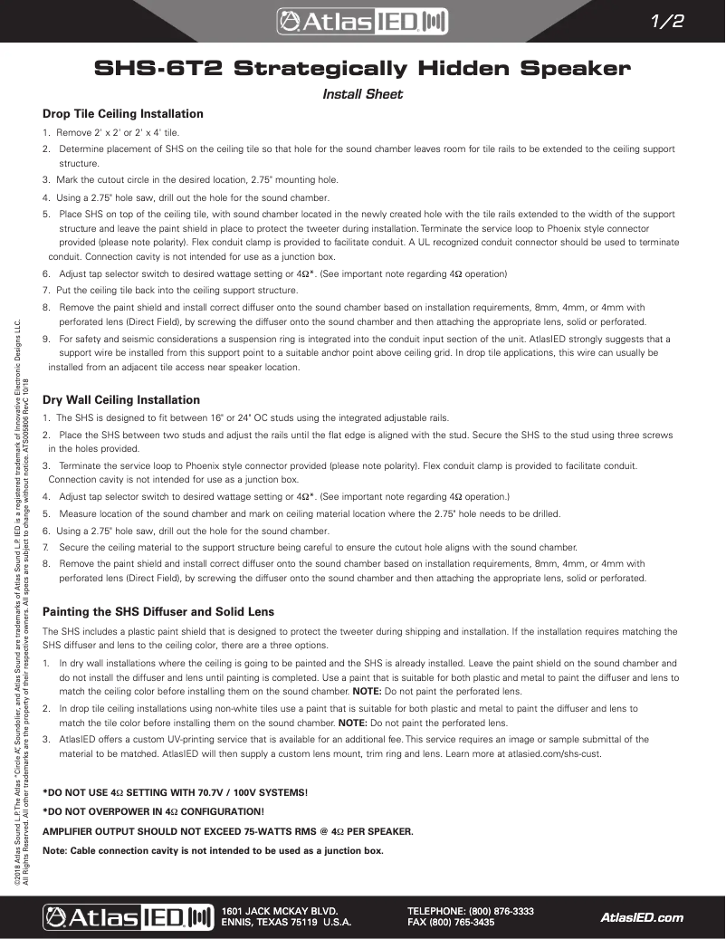 Page 1 of the manual Installation Guide Atlas Sound SHS-6T2