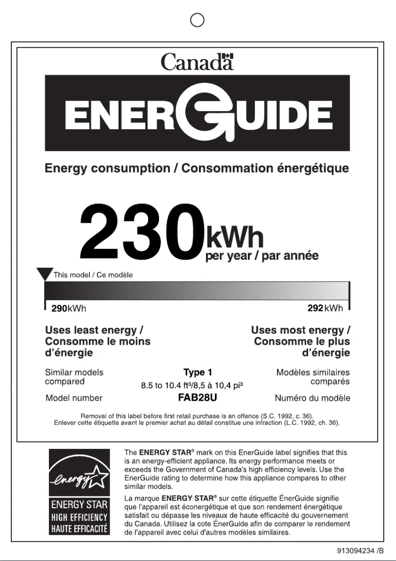 Page 1 of the manual Energy Label Smeg FAB28URDYVC3