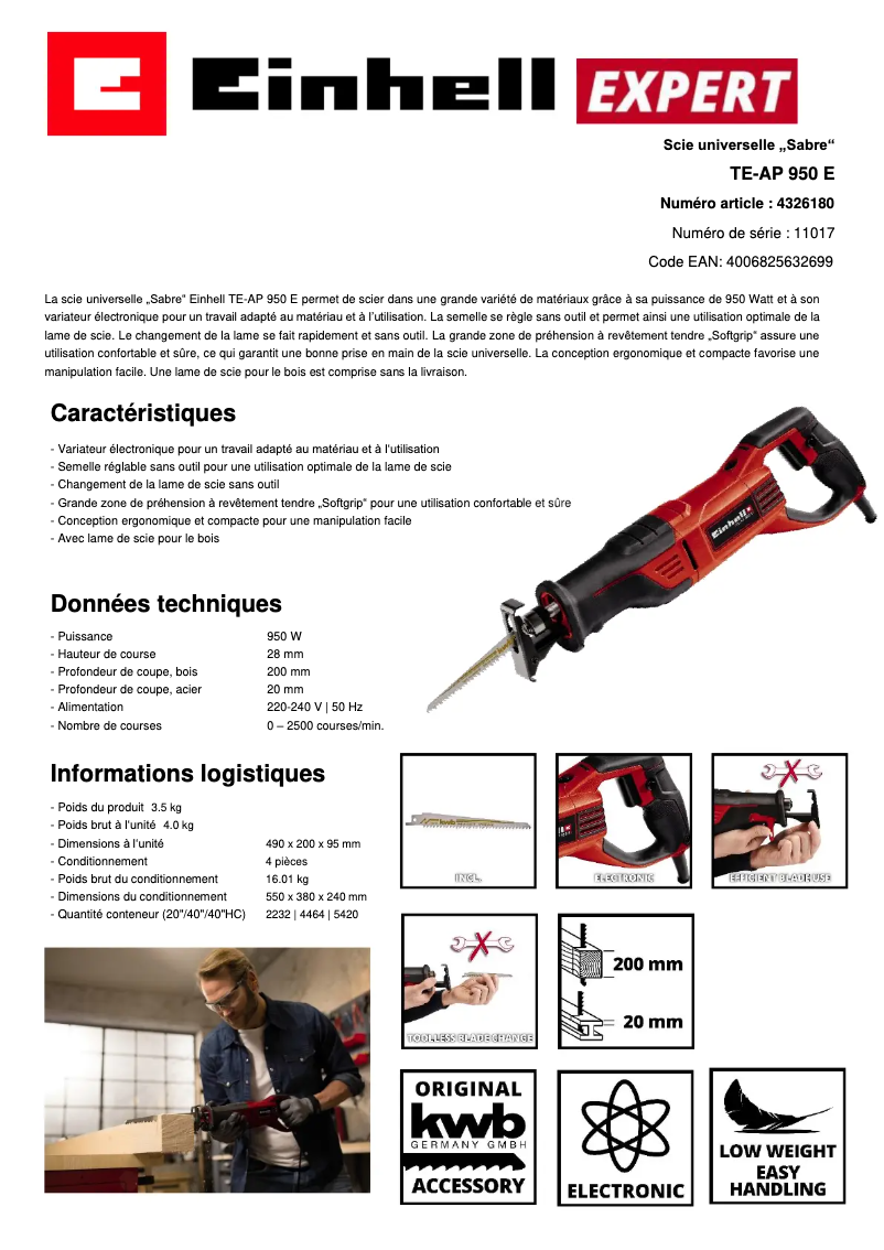 Page 1 of the manual Technical Sheet Einhell TE-AP 950 E