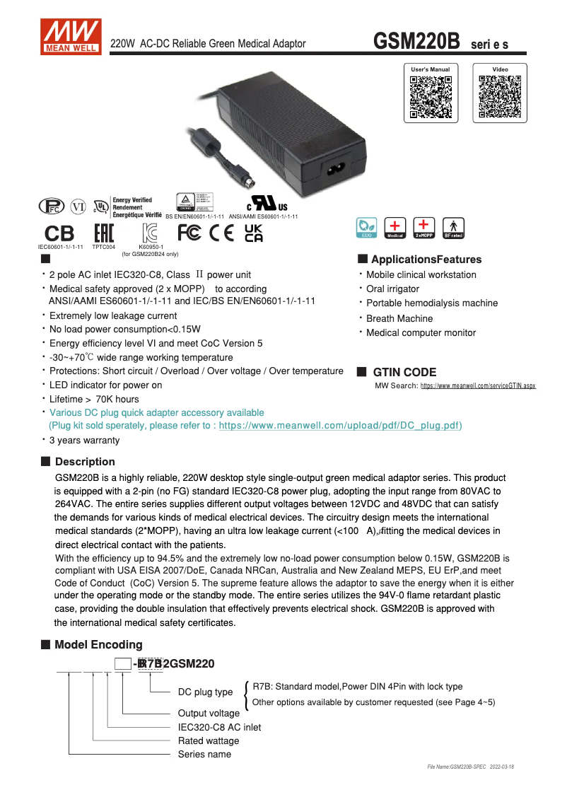 Page 1 of the manual User Manual Mean Well GSM220B20-R7B
