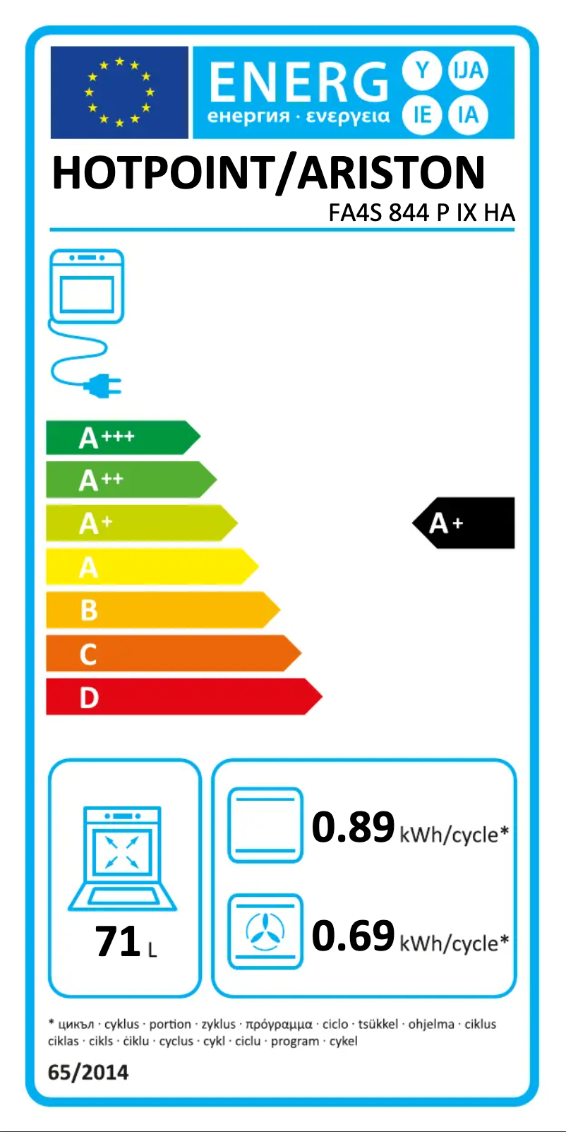Page 1 of the manual Energy Label Hotpoint FA4S 844 P IX HA