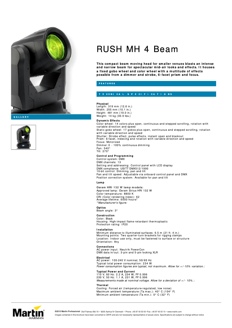 Page 1 of the manual Technical Sheet Martin RUSH MH 4 Beam
