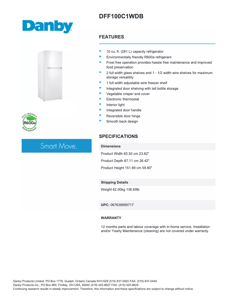 Page 1 of the manual Technical Sheet Danby DFF100C1
