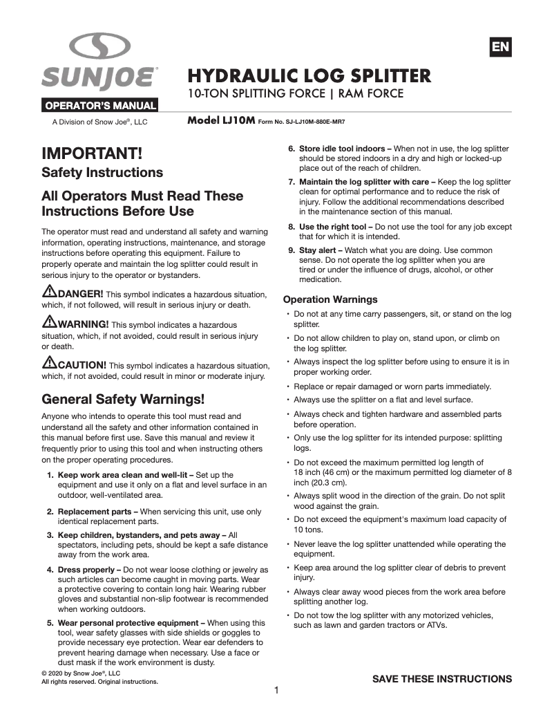 Page 1 of the manual User Manual Sun Joe LJ10M