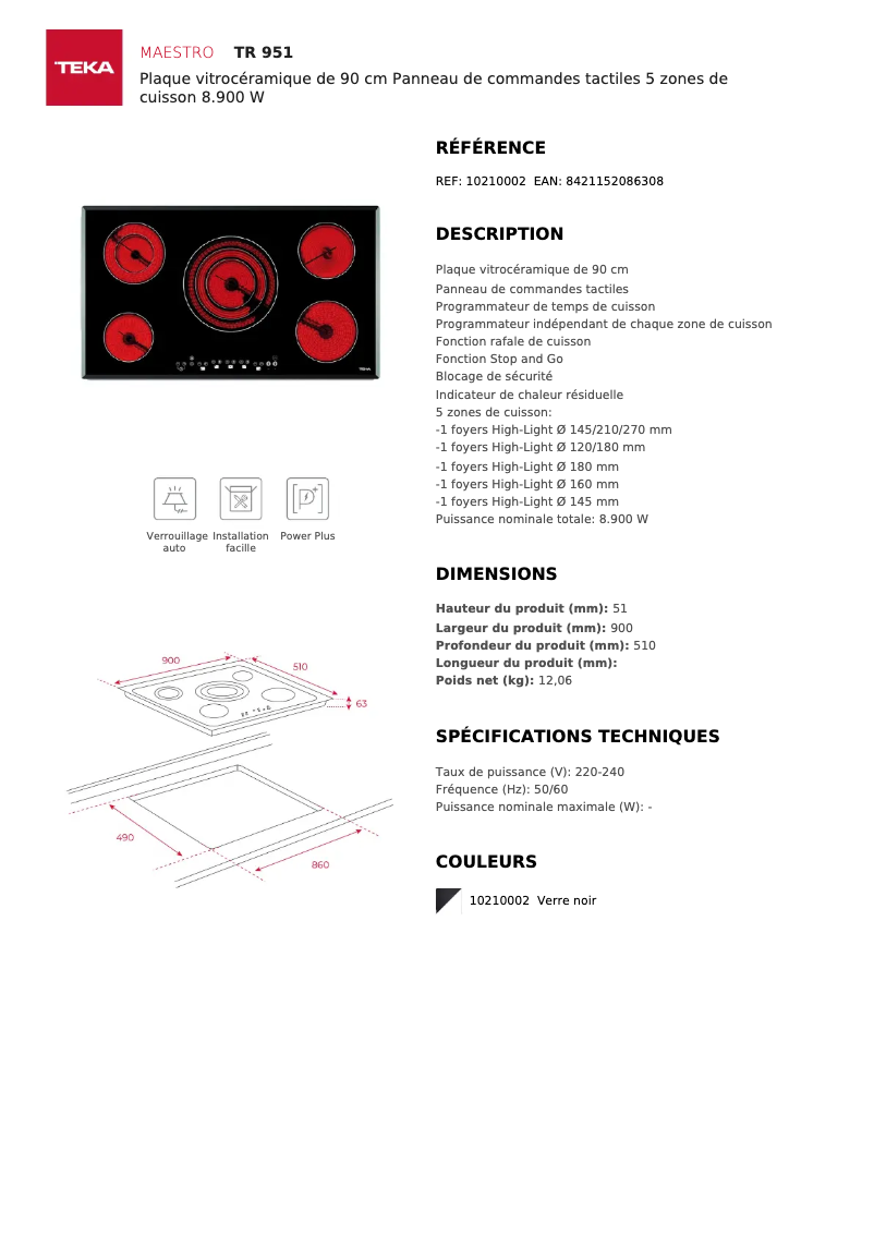 Page 1 of the manual Technical Sheet Teka TR 951