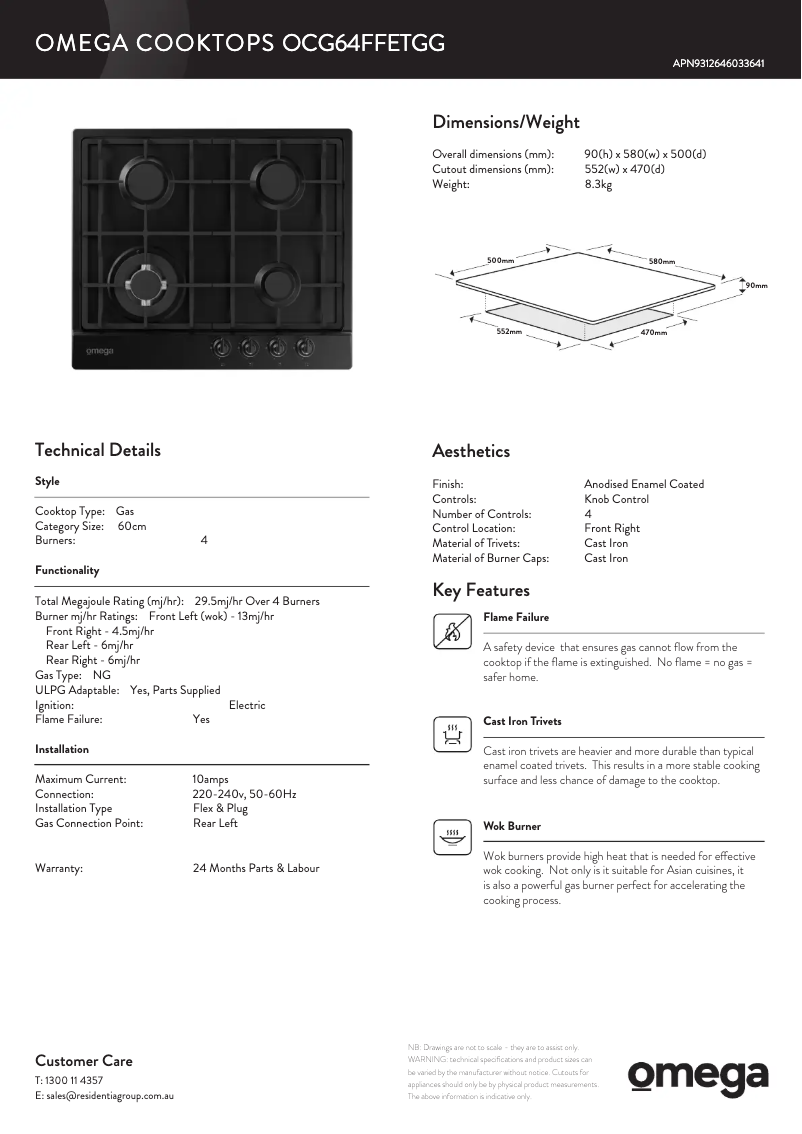 Page 1 of the manual Technical Sheet Omega OCG64FFETGG