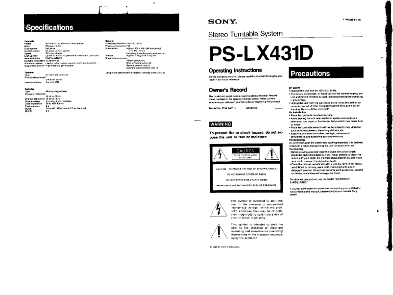 Page 1 of the manual User Manual Sony PS-LX431D