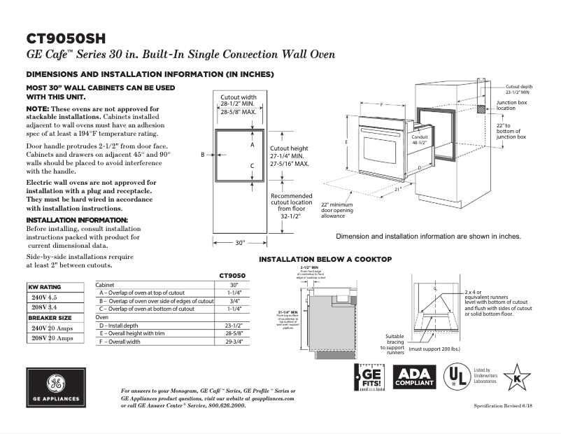 Page 1 of the manual Technical Sheet GE CT9050SHSS