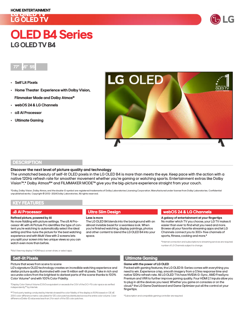 Page 1 of the manual Technical Sheet LG OLED77B4PUA