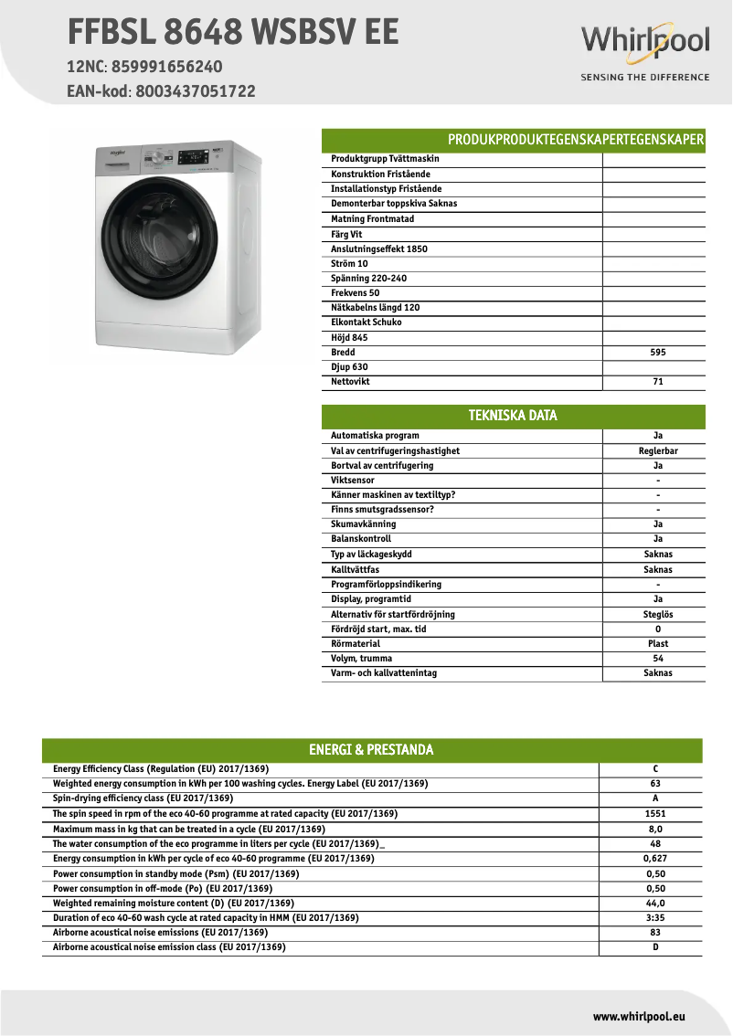 First page image of the manual for FFBSL 8648 WSBSV