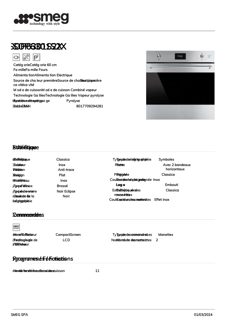 Page 1 of the manual Technical Sheet Smeg SOP6301S2X