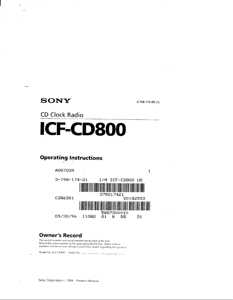 First page image of the manual for ICF-CD800