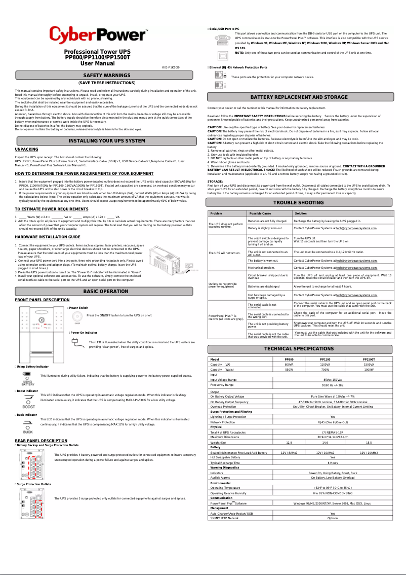 Page 1 de la notice Manuel utilisateur CyberPower PP1500SWT2