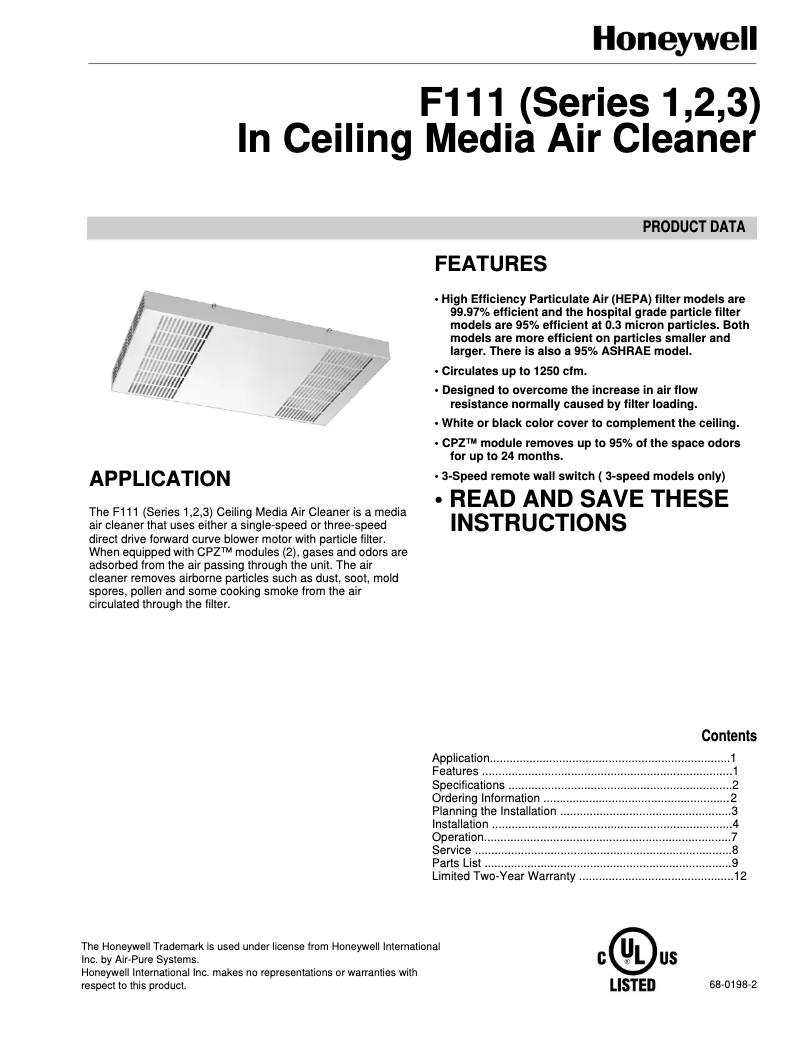 Page 1 of the manual Instruction Manual Honeywell F111U1020W-3S