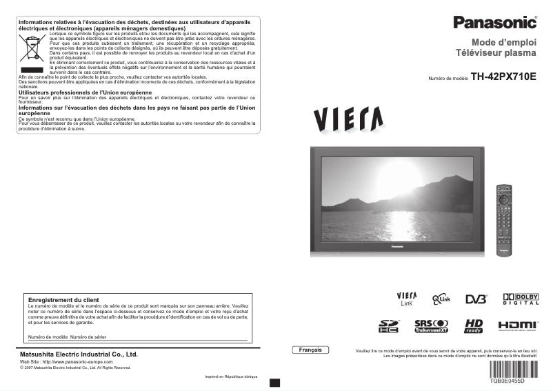 First page image of the manual for TH-42PX710E