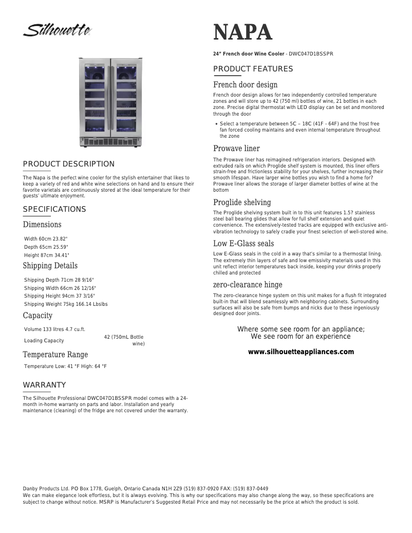Page 1 of the manual Technical Sheet Danby Silhouette DWC047D1BSSPR