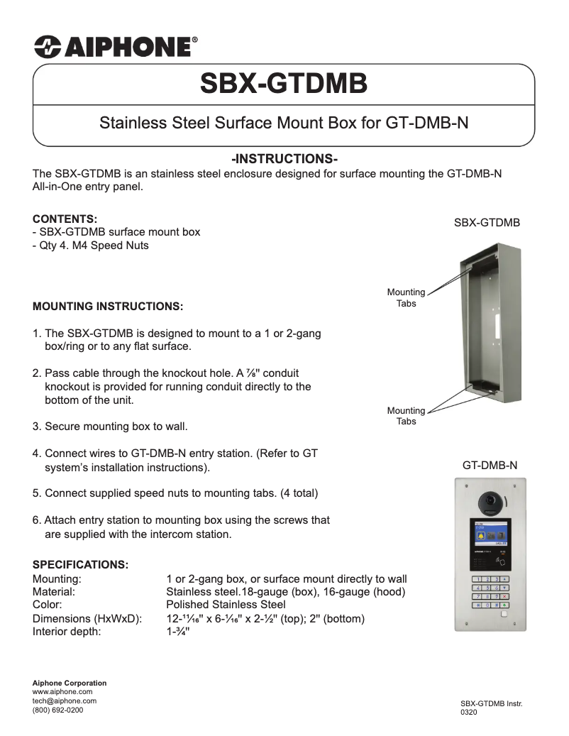 Page 1 of the manual User Manual Aiphone SBX-GTDMB