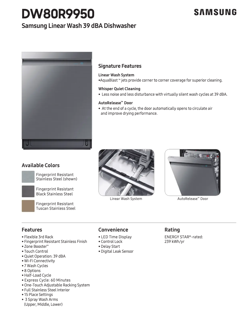 Page 1 of the manual Technical Sheet Samsung DW80R9950UT