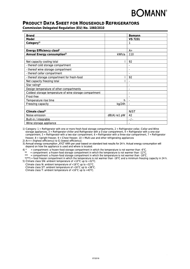 Page 1 of the manual Technical Sheet Bomann VS 7231