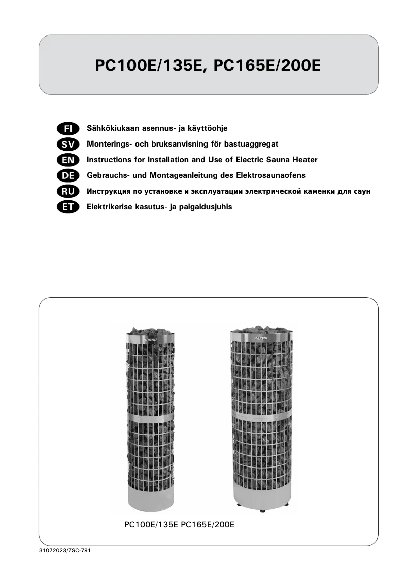 Page 1 of the manual User Manual Harvia Cilindro Pro PC100E/135E HPCE100400M