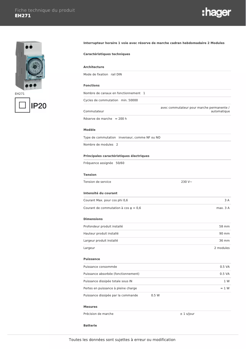 Page 1 of the manual Technical Sheet Hager EH271