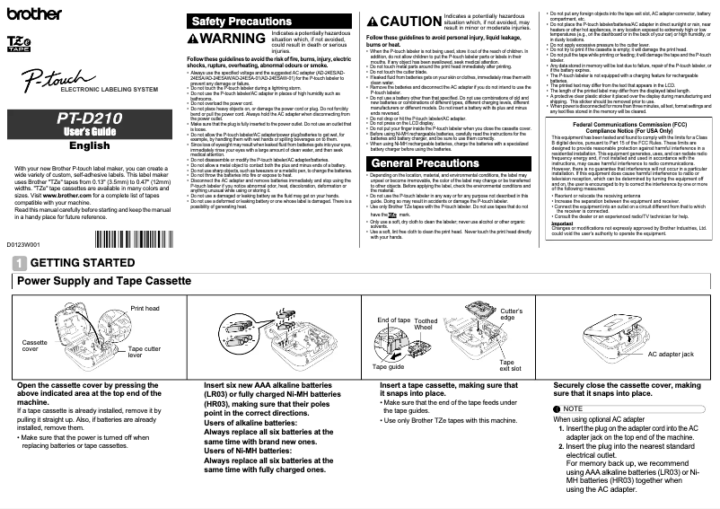 First page image of the manual for P-Touch PT-D210