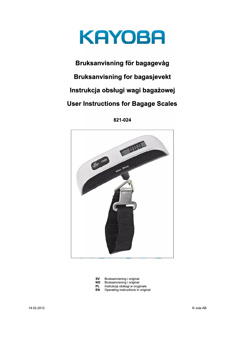 Page 1 of the manual User Manual Kayoba 821-024