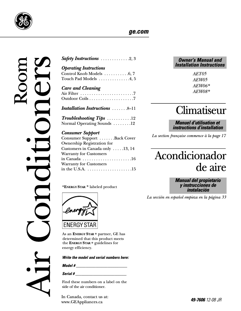 First page image of the manual for AEW05LM