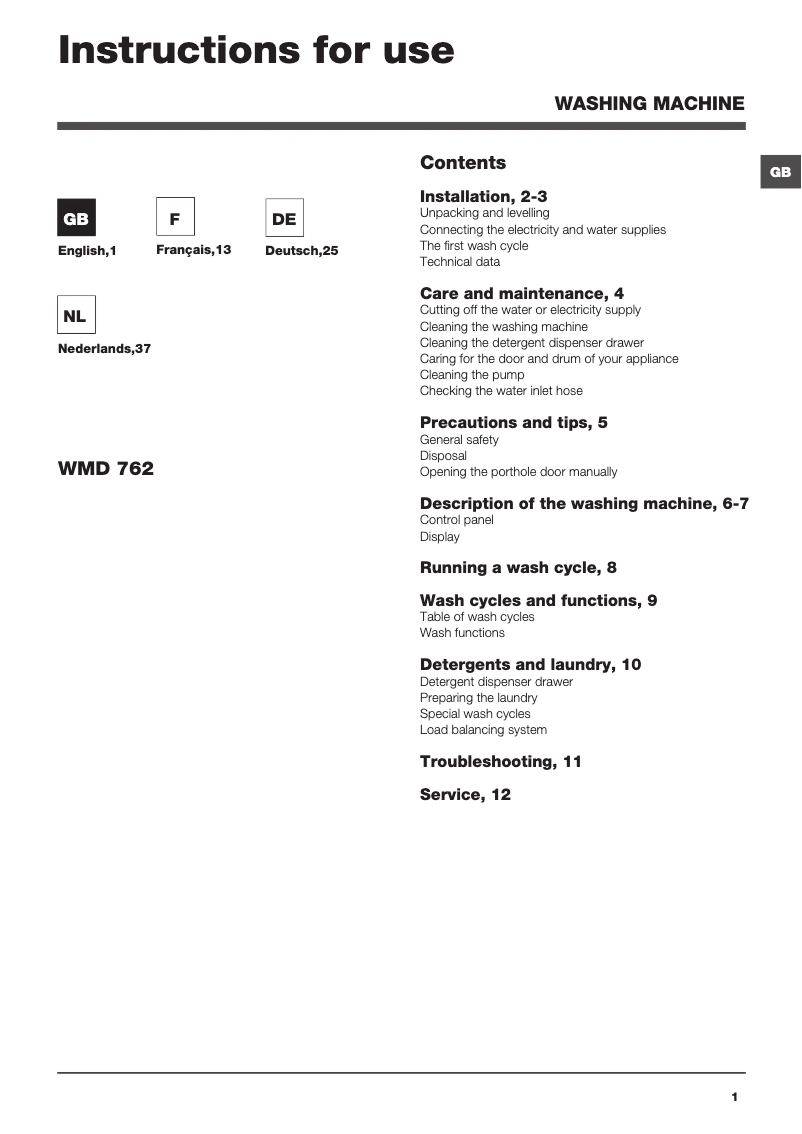 First page image of the manual for WMD 762 SK
