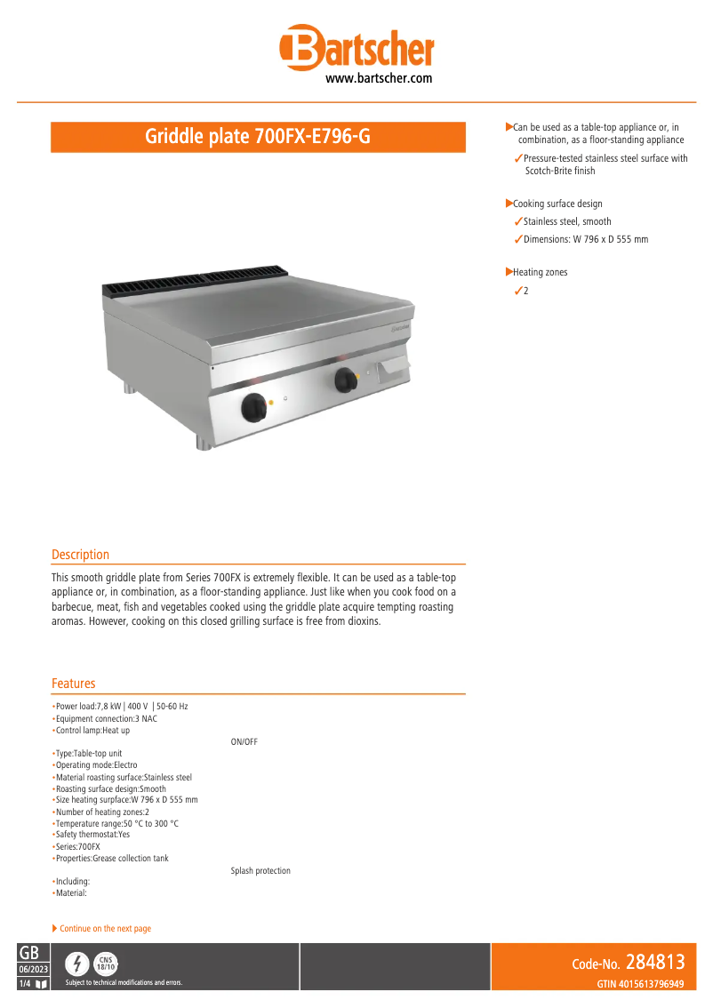 Page 1 of the manual Technical Sheet Bartscher 700FX-E796-G