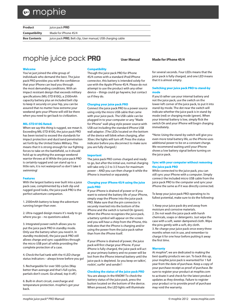 Page 1 de la notice Manuel utilisateur Mophie Juice pack pro for iPhone 4(s)