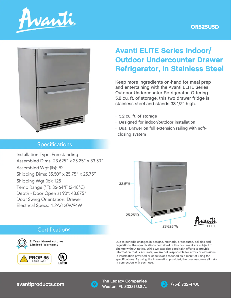 Page 1 of the manual Technical Sheet Avanti OR525U5D