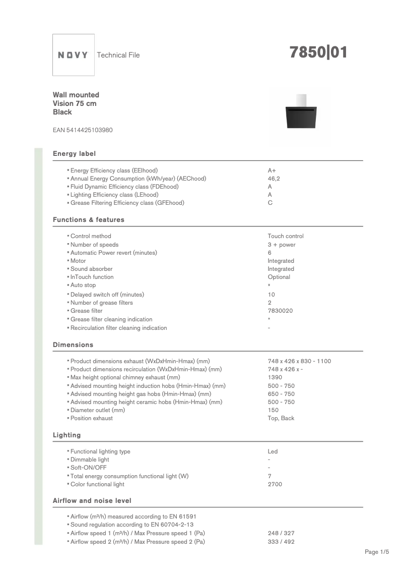 Page 1 of the manual Technical Sheet Novy Vision 7850