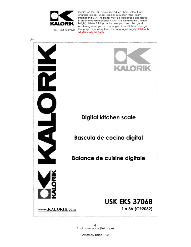 Page 1 of the manual User Manual Kalorik EKS 37068