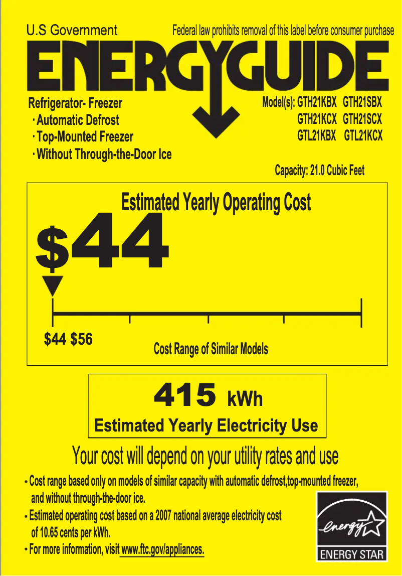 Page 1 of the manual Energy Label GE GTL21KCXBS