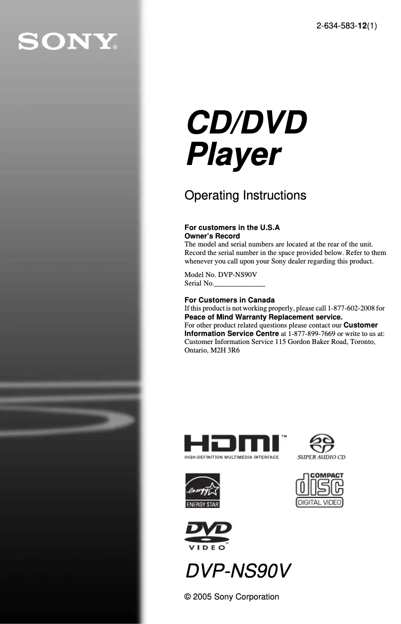 Page 1 of the manual User Manual Sony DVP-NS90V