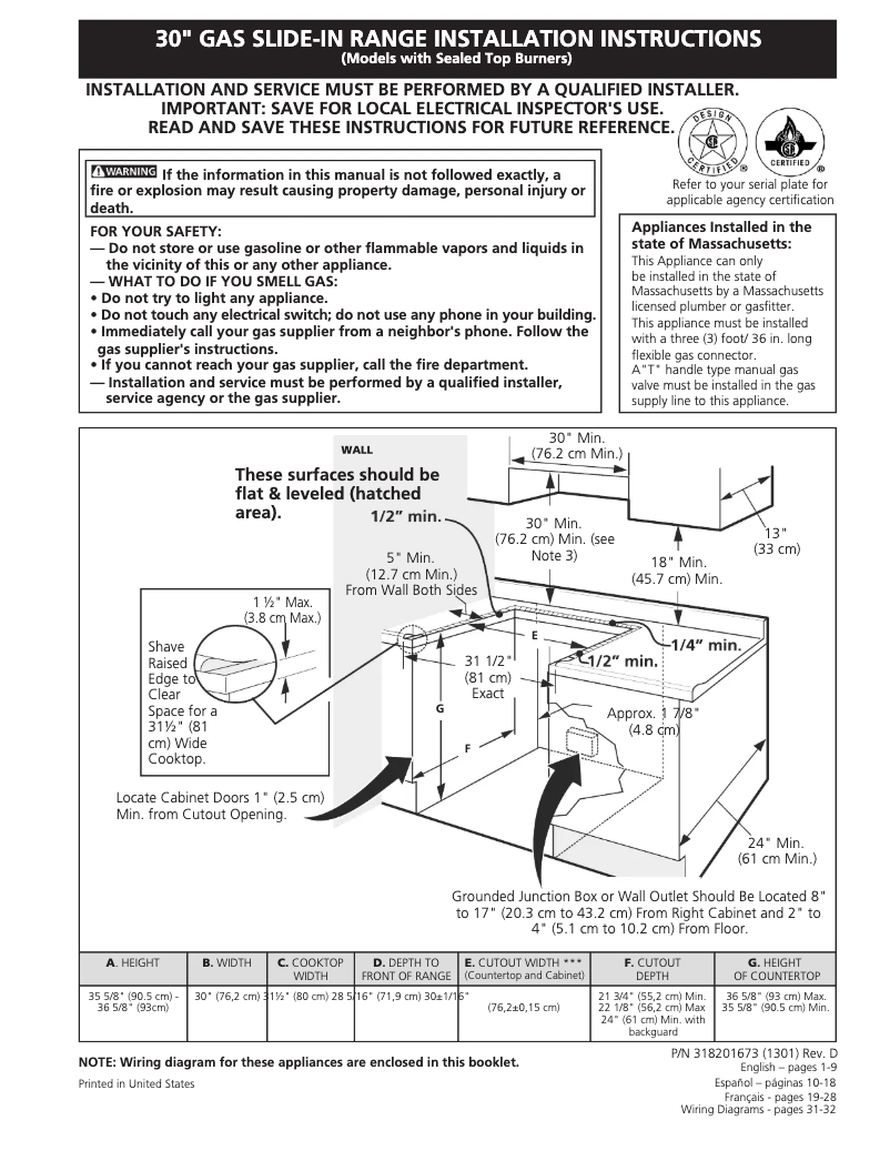Page 1 of the manual Installation Guide Frigidaire FGS367EC