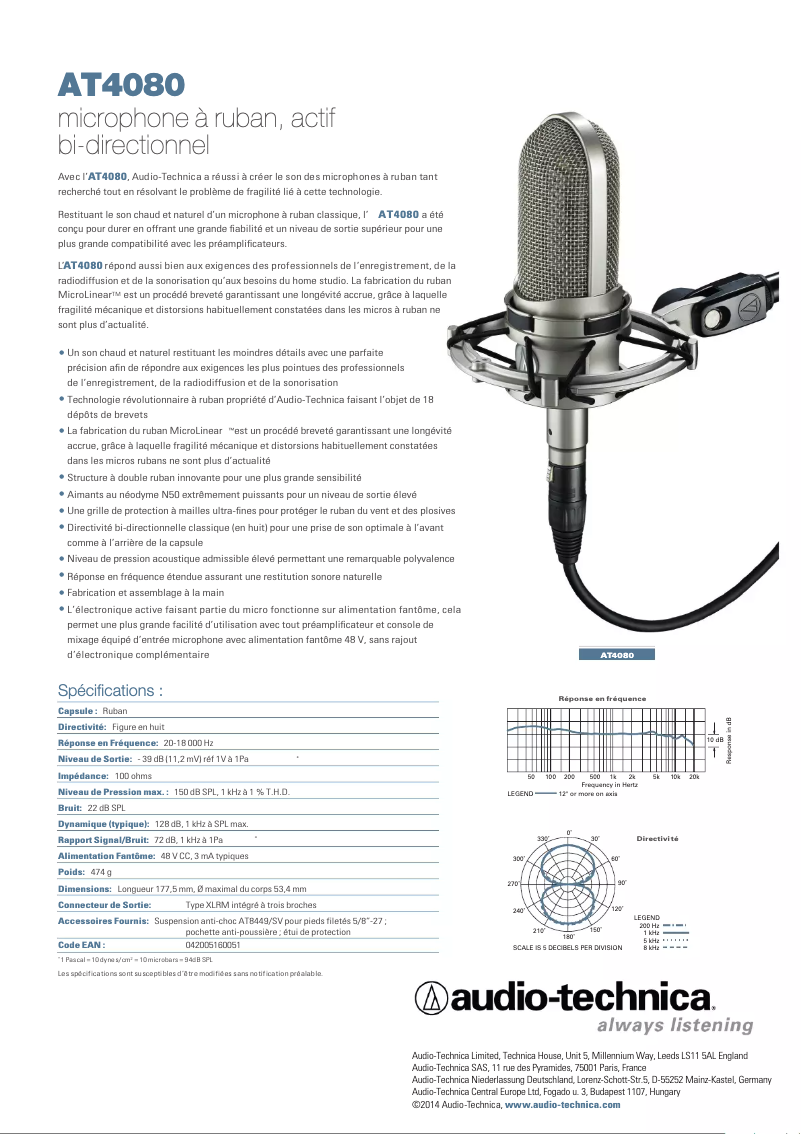 Page 1 of the manual Technical Sheet Audio-Technica AT4080