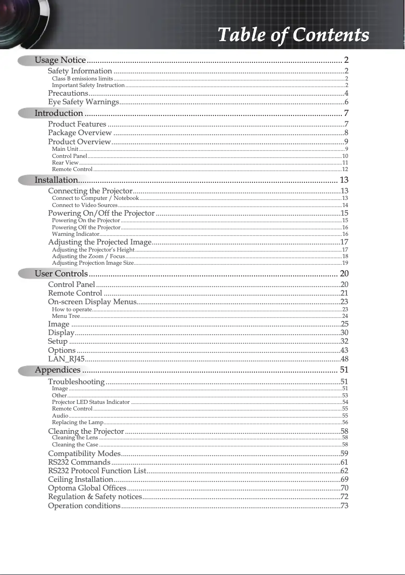Page 1 of the manual User Manual Optoma EX779