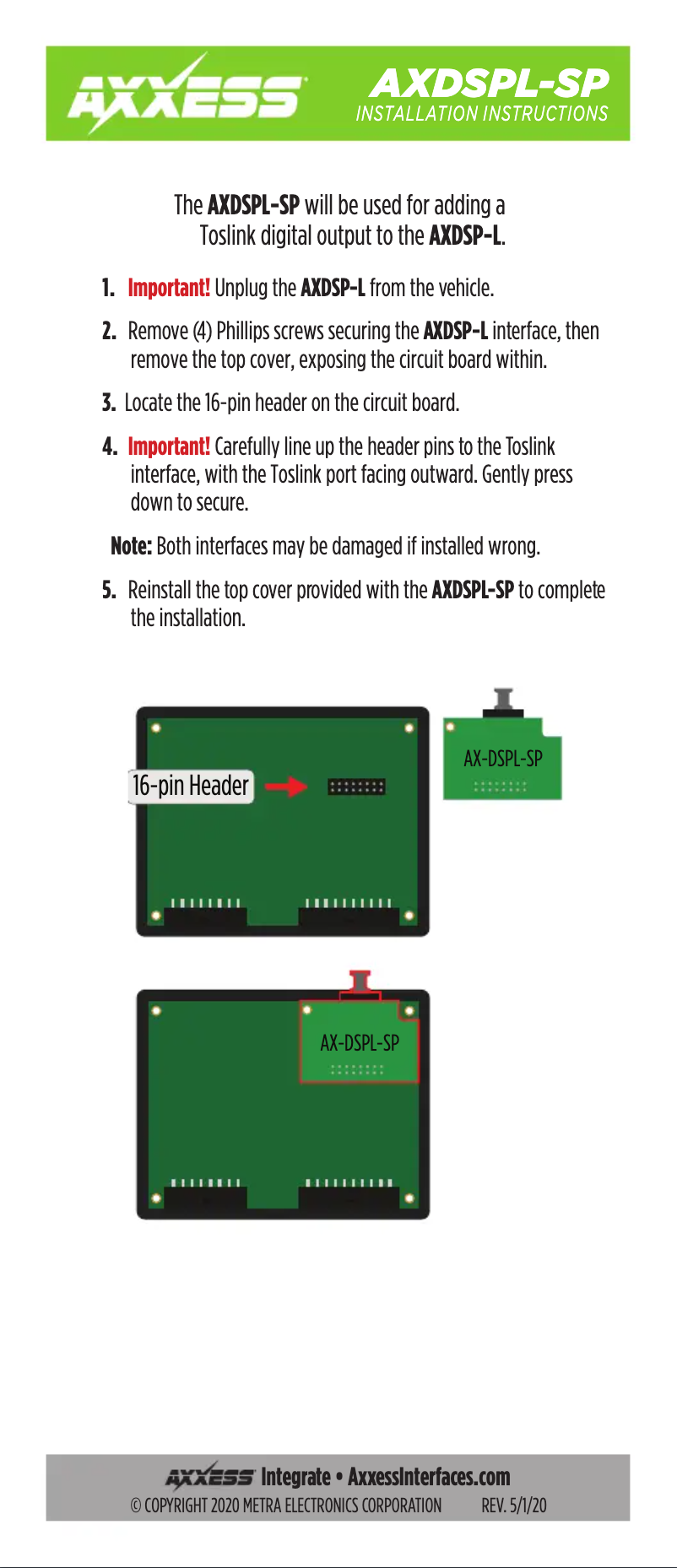 First page image of the manual for AXDSPL-SP