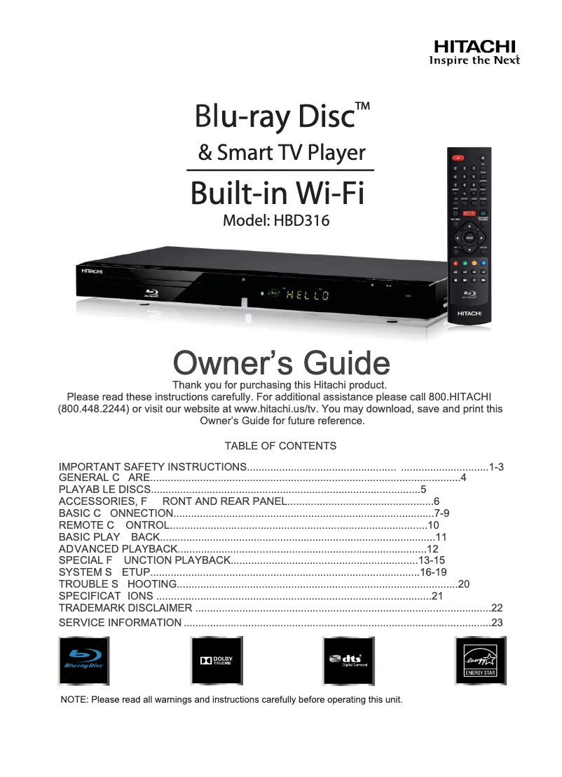 Page 1 of the manual User Manual Hitachi HBD316